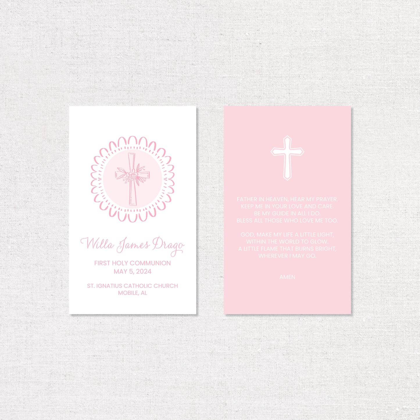 First Communion Prayer Cards - Pink