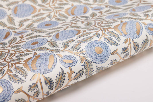 Block Printed Wrapping Paper Sheets-Marigold Glitz BlueStone