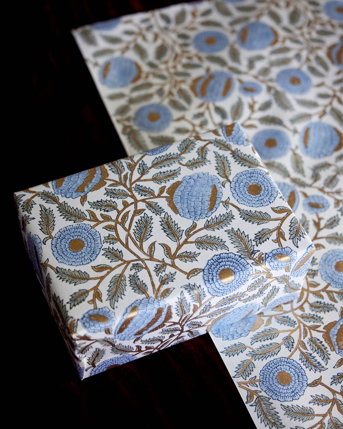 Block Printed Wrapping Paper Sheets-Marigold Glitz BlueStone