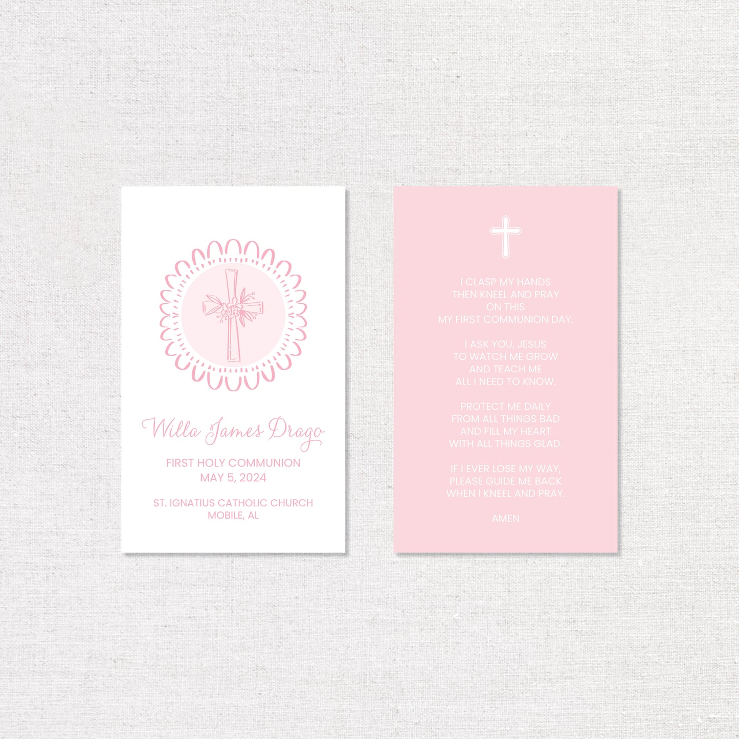 First Communion Prayer Cards - Pink