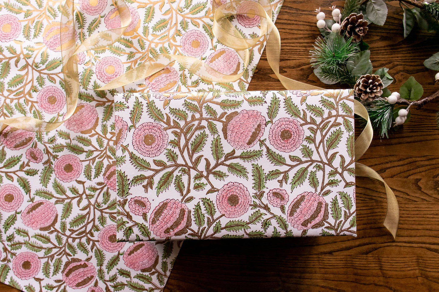 Block Printed Wrapping Paper Sheets - Marigold Glitz Blush